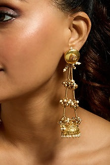 Gold Finish Kundan Polki & Pearl Drop Earrings