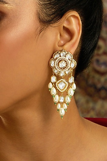 Gold Finish Kundan Polki Stone Drop Earrings