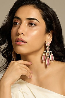 Gold Finish Pink Stone Dangler Earrings
