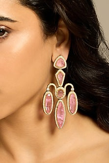Gold Finish Pink Stone Dangler Earrings