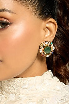 Gold Finish Multi-Colored Stone Stud Earrings
