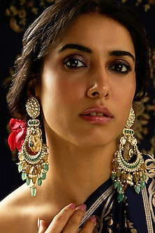 Gold Finish Green & Yellow Stone Chandbali Earrings