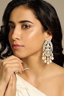 Gold Finish Oval Shaped Kundan Polki & Pearl Dangler Earrings