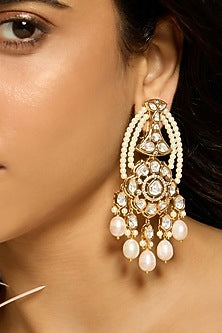 Gold Finish Oval Shaped Kundan Polki & Pearl Dangler Earrings
