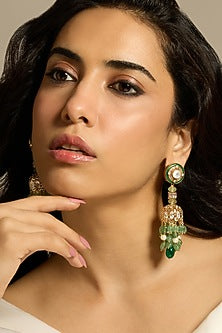 Gold Finish Green Stone Drop Earrings