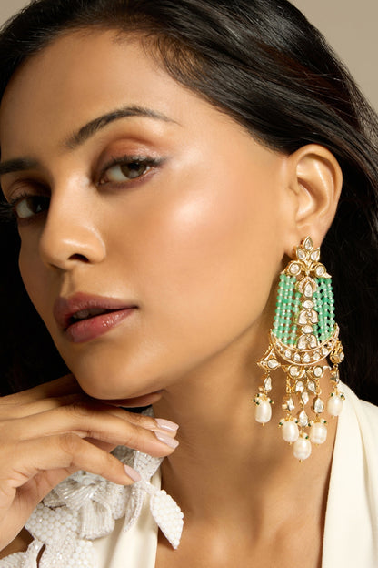 Gold Finish Kundan Polki & Green Beaded Dangler Earrings
