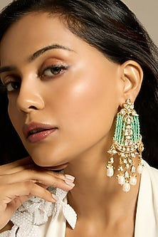 Gold Finish Kundan Polki & Green Beaded Dangler Earrings