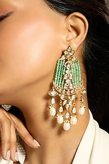 Gold Finish Kundan Polki & Green Beaded Dangler Earrings