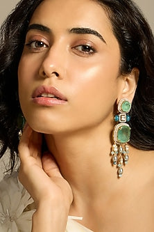 Gold Finish Light Green Stone Drop Earrings