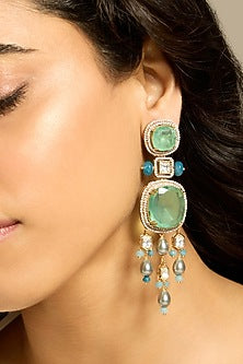 Gold Finish Light Green Stone Drop Earrings