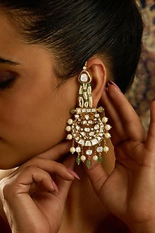 Gold Finish Pearl Ear Chain Chandbali Earrings