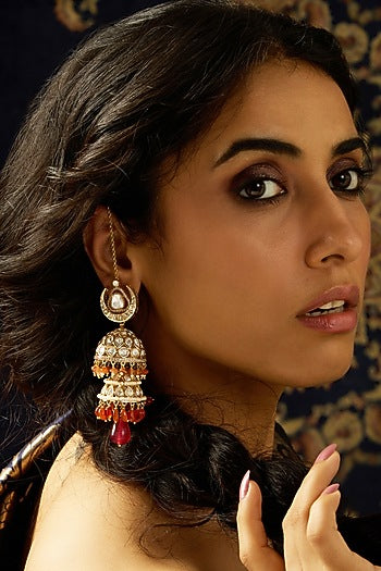 Gold Finish Crescent Kundan Polki & Multi-Colored Stone Jhumka Earrings