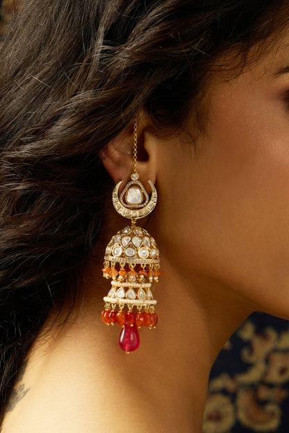 Gold Finish Crescent Kundan Polki & Multi-Colored Stone Jhumka Earrings