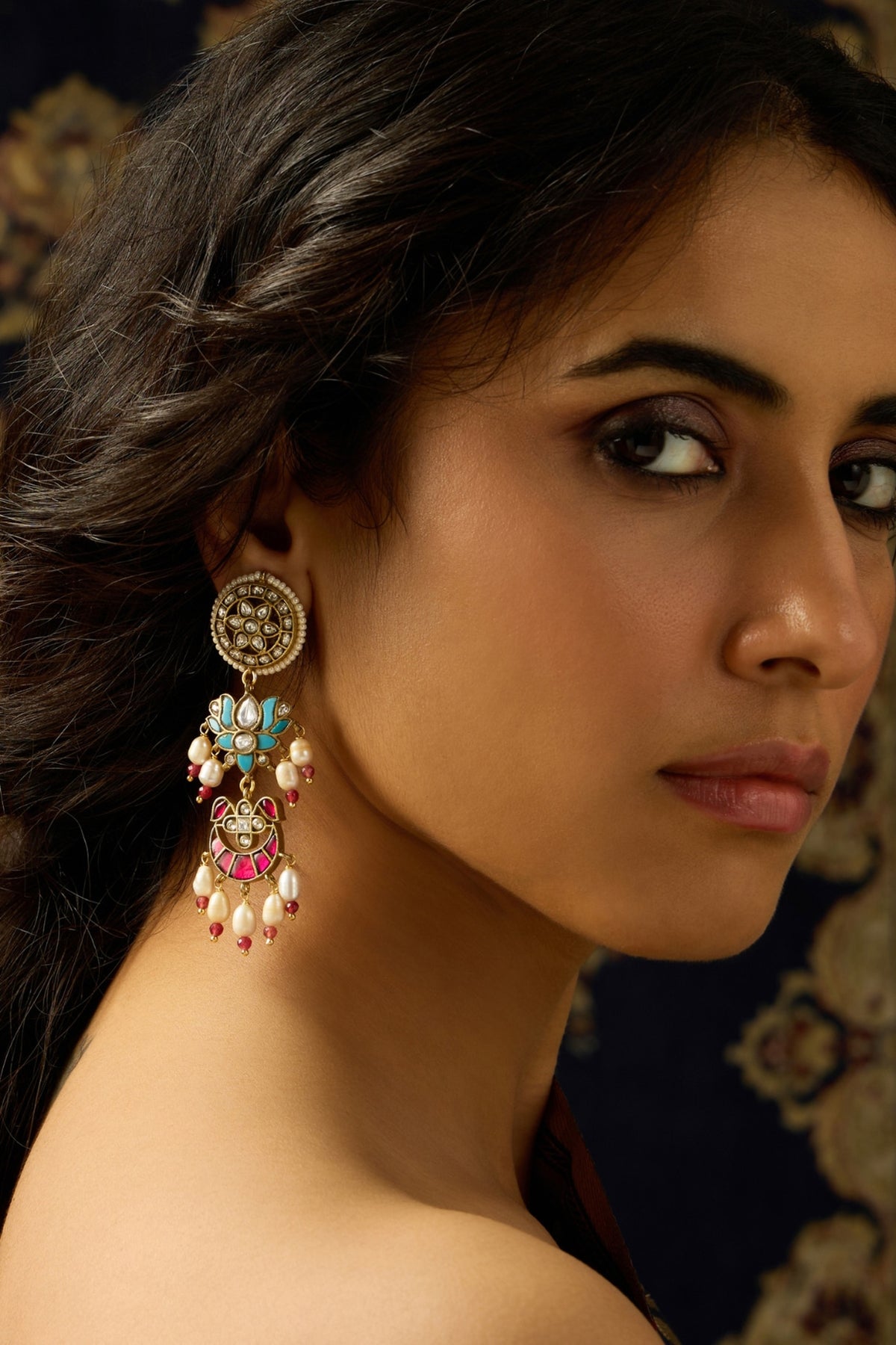 Gold Finish Rajwadi Motifs & Multi-Colored Stone Dangler Earrings