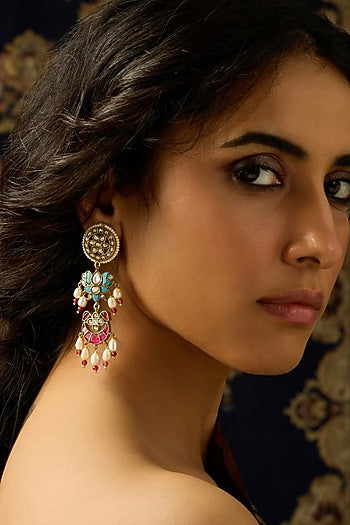 Gold Finish Rajwadi Motifs & Multi-Colored Stone Dangler Earrings