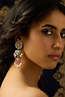 Gold Finish Rajwadi Motifs & Multi-Colored Stone Dangler Earrings