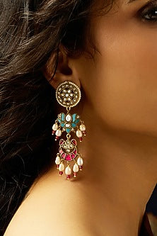 Gold Finish Rajwadi Motifs & Multi-Colored Stone Dangler Earrings