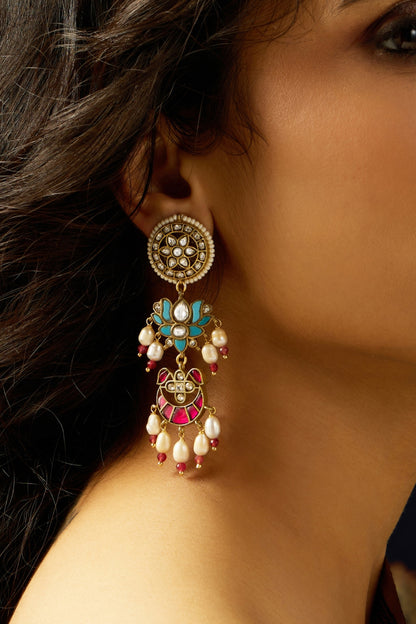 Gold Finish Rajwadi Motifs & Multi-Colored Stone Dangler Earrings