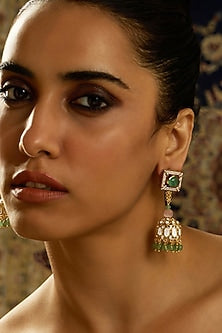Gold Finish Green & Pink Beaded Dangler Earrings