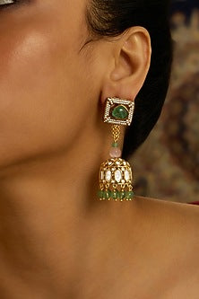 Gold Finish Green & Pink Beaded Dangler Earrings