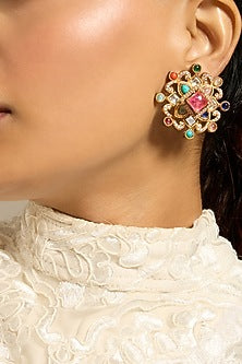 Gold Finish Multi-Colored Stone Stud Earrings