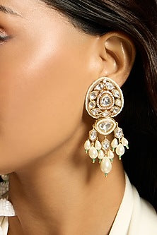 Gold Finish Kundan Polki & Pearl Dangler Earrings