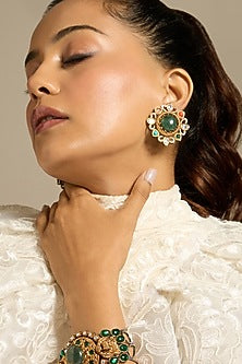Gold Finish Green Stone Stud Earrings