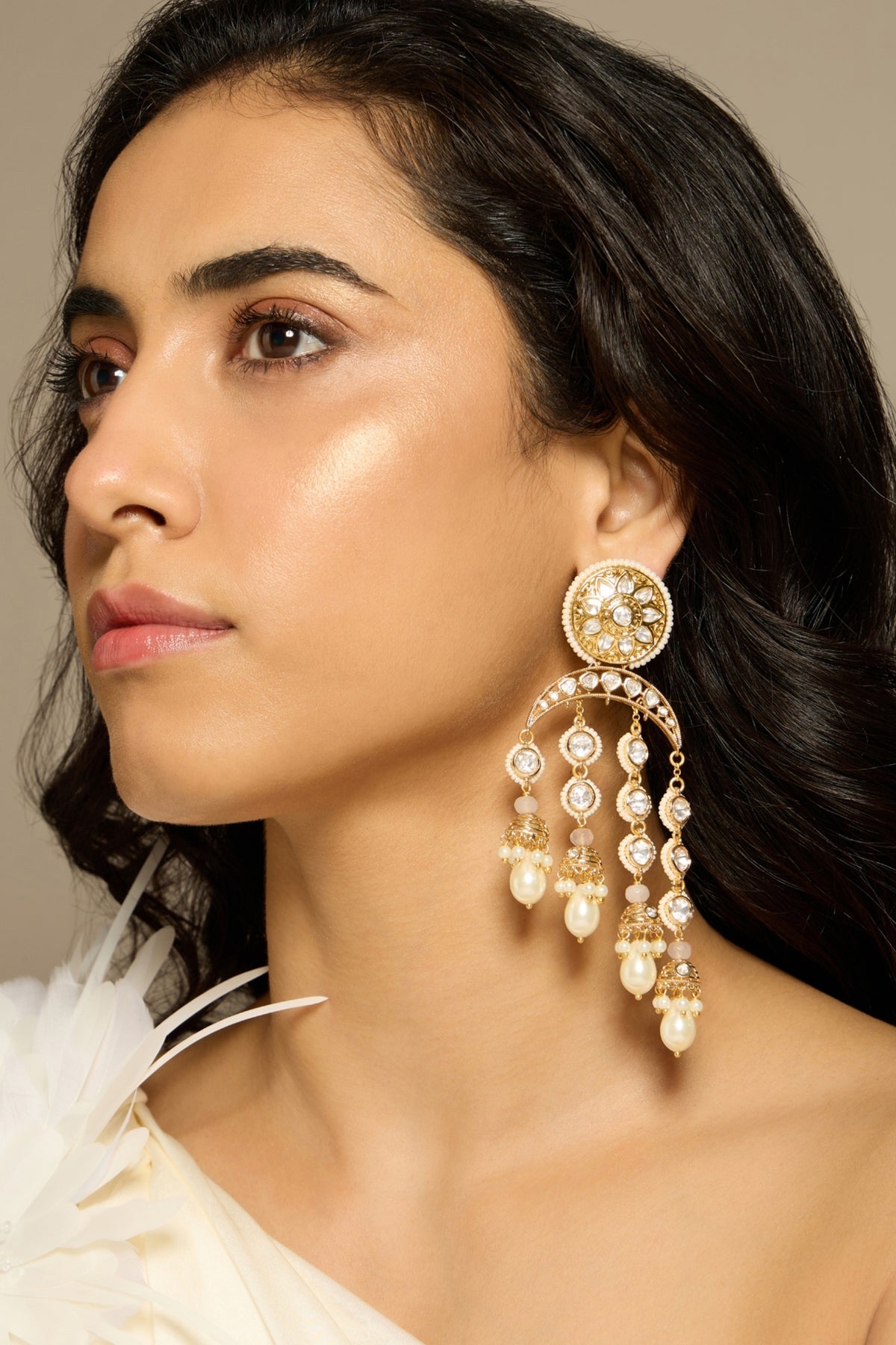 Gold Finish Pearl & Kundan Polki Dangler Earrings