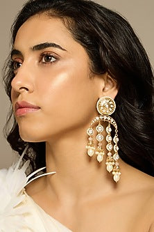 Gold Finish Pearl & Kundan Polki Dangler Earrings