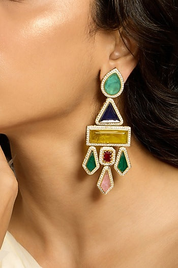 Gold Finish Multi-Colored Stone Dangler Earrings