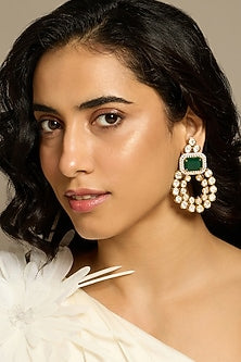 Gold Finish Kundan Polki & Green Stone Dangler Earrings