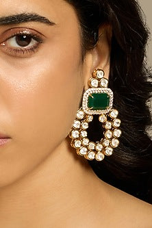 Gold Finish Kundan Polki & Green Stone Dangler Earrings