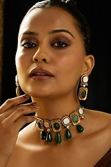 Gold Finish Multi-Colored Stone Choker Necklace Set
