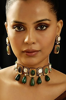 Gold Finish Multi-Colored Stone Choker Necklace Set