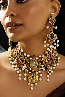Gold Finish Multi-Colored Stone Necklace Set