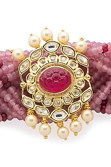 Gold Finish Pink Agate Bead Bracelet