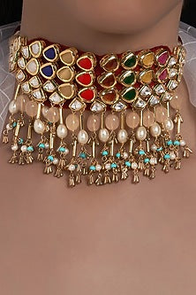 Gold Finish Hydro Navratan Polki Necklace