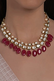 Gold Finish Agate & Shell Pearls Necklace