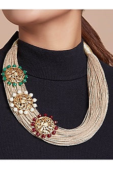 Gold Finish Shell Pearls Jute Necklace