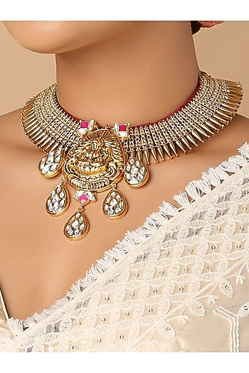 Gold Finish Meenakari Temple Choker Necklace