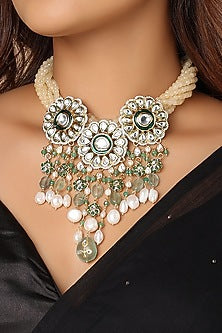 Gold Finish Pearls & Agate Choker Necklace