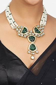 Gold Finish Pearl & Kundan Polki Necklace