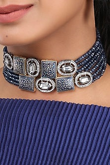 Black Rhodium Finish Enamel & Agates Necklace