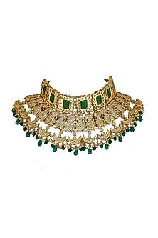 Gold Finish Kundan Polki & Green Jatadar Choker Necklace