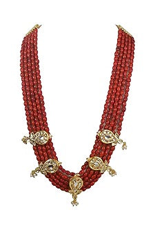 Gold Finish Kundan Polki & Red Beads Jadtar Long Necklace