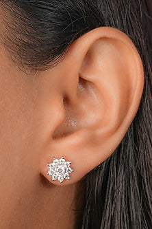 White Finish Zircon Floral Stud Earrings In Sterling Silver