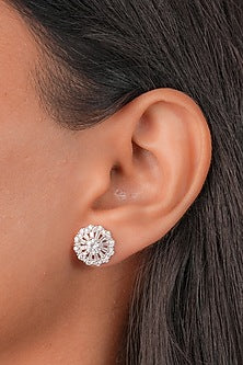 White Finish Zircon Sparkle Stud Earrings In Sterling Silver
