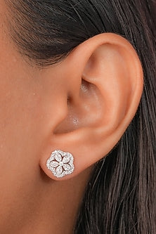 White Finish Zircon Floral Stud Earrings In Sterling Silver