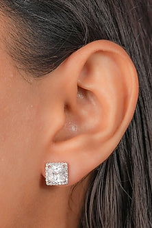 White Finish Zircon Square Stud Earrings In Sterling Silver