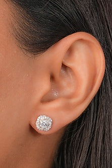 White Finish Zircon Rose Stud Earrings In Sterling Silver